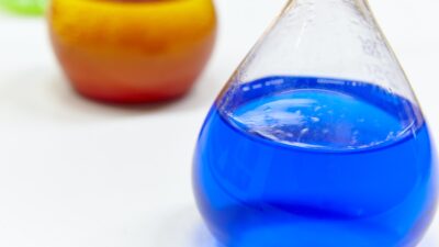 Chemical test flasks with colored lab liquids. Science background. Horizontal