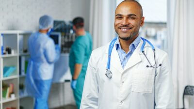 Portrait of african american doctor in hospital