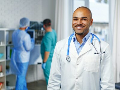 Portrait of african american doctor in hospital