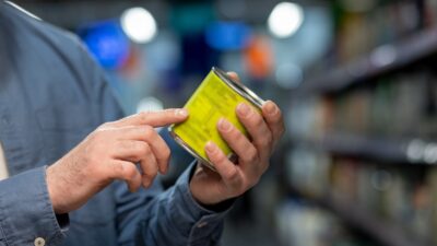 Close-up of person in grocery store examining product label on canned food with focus on details